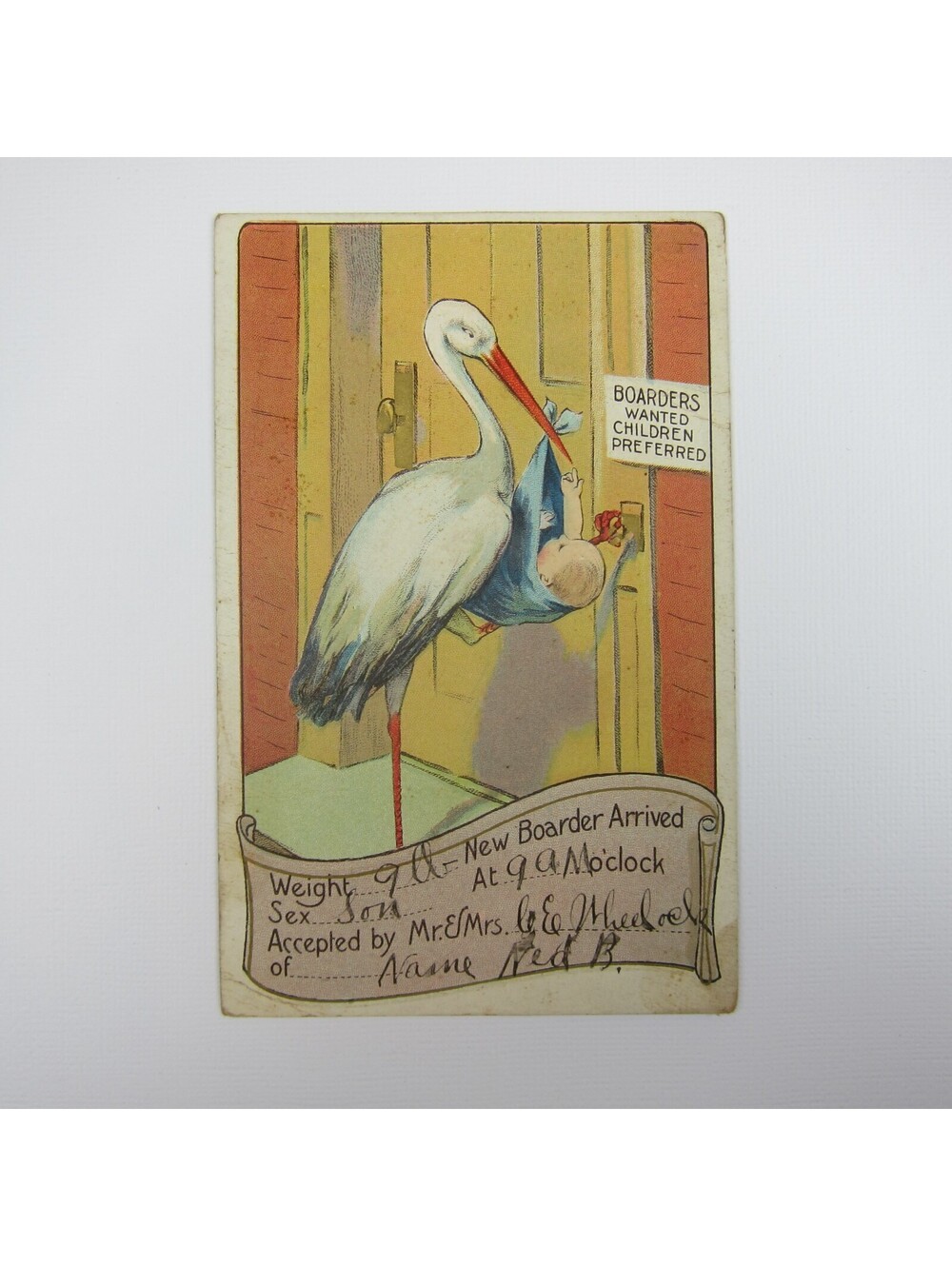 Postcard Birth Announcement Baby Boy Blue Blanket Stork at Boarder Door Antique